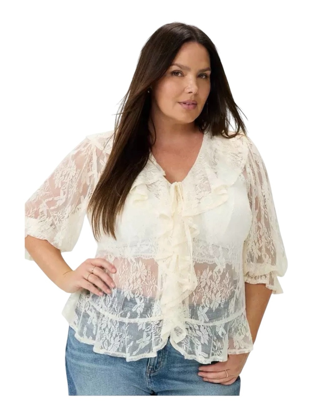 Torrid Sheer Lace Ruffle Tie-Front Top - Cream